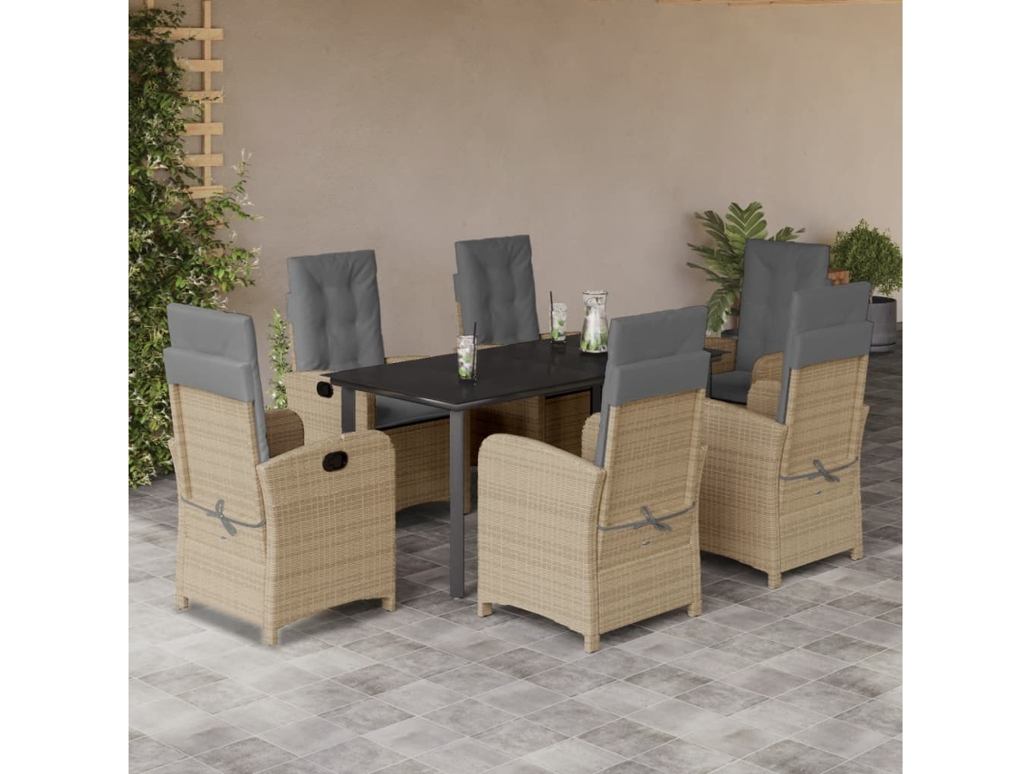 7 Pcs Conj. Jantar Jardim C/ Almofadões Vime Pe Bege Misturado Dkd Home Decor