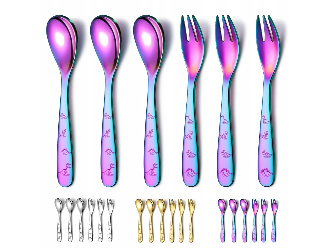 Kit De Utensílios Para Crianças 6 Peças Aço Inoxidável Design De Dinossauros Coloridos