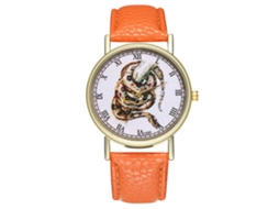 Relógio de quartzo casual unissex com pulseira de couro PU e mostrador redondo laranja.