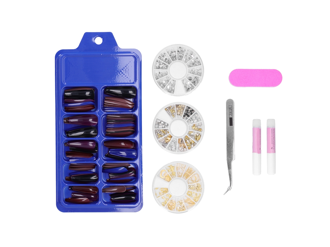 Unhas postiças coloridas, longas e com cobertura total, com estojo para dicas de manicure artística e adesivos.
