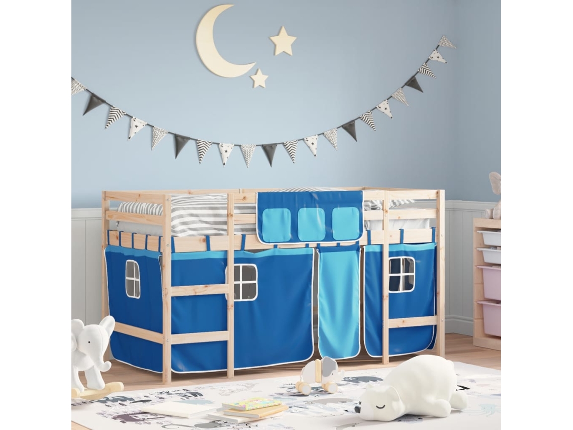 Vidaxl Cama Alta P/ Criança C/ Cortinas 80x200 Cm Pinho Maciço Azul