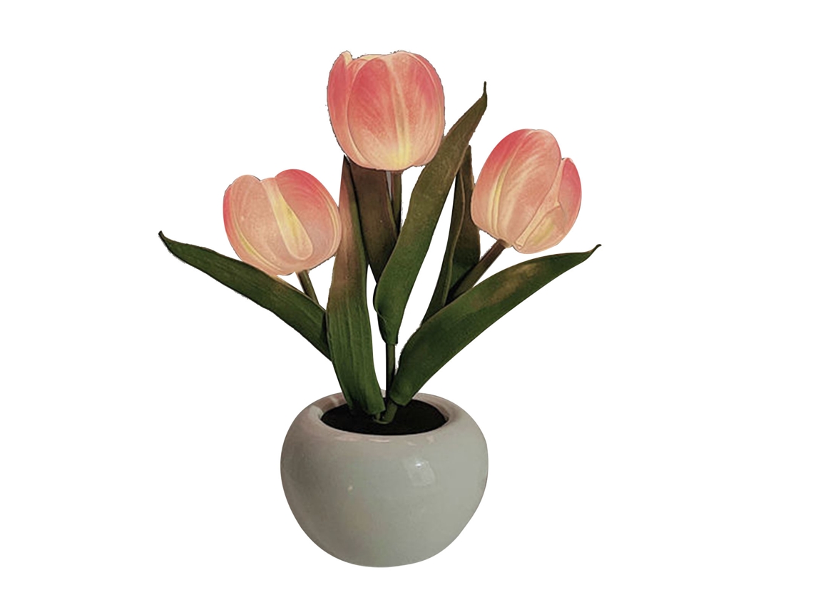 Luz Noturna de Tulipa Lâmpada de Mesa Cerâmica Pu Rosa Bateria Energia Suave para Cafés Livrarias
