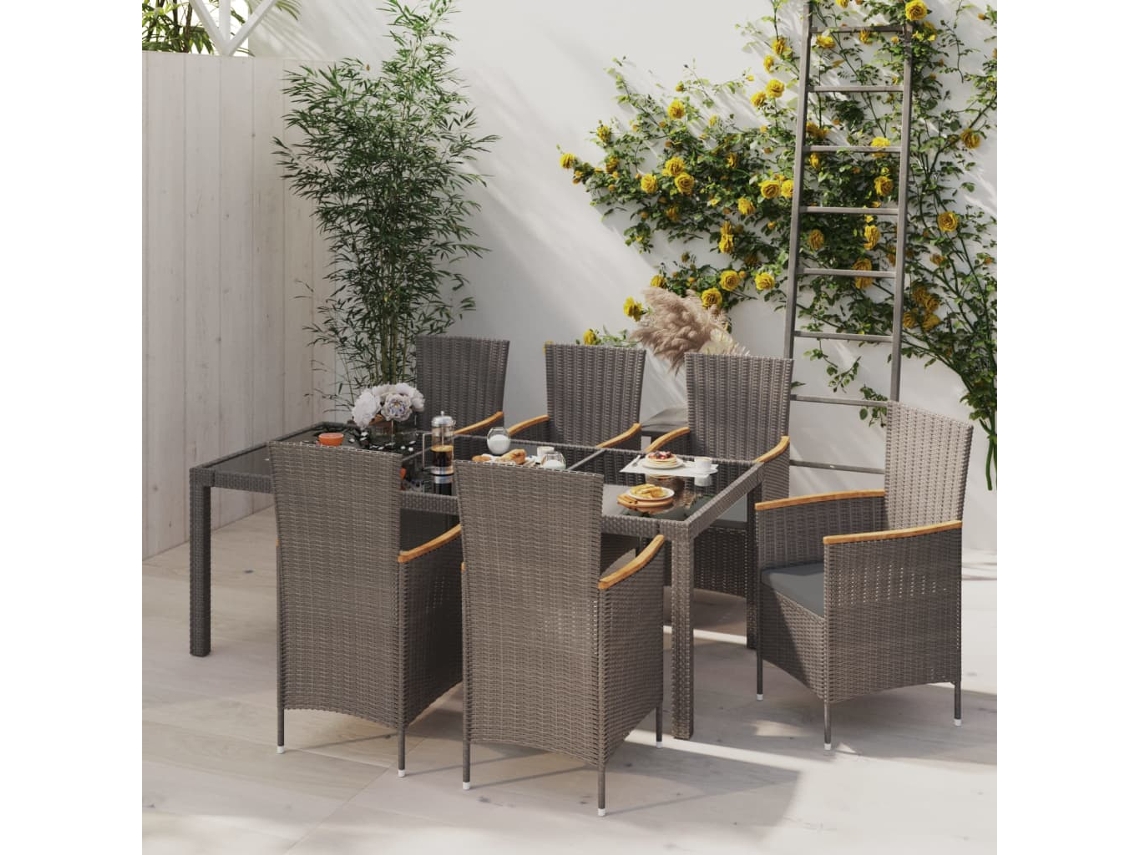 Vidaxl 7pcs Conjunto Jantar Exterior C/ Almofadões Vime Pe Preto/cinza