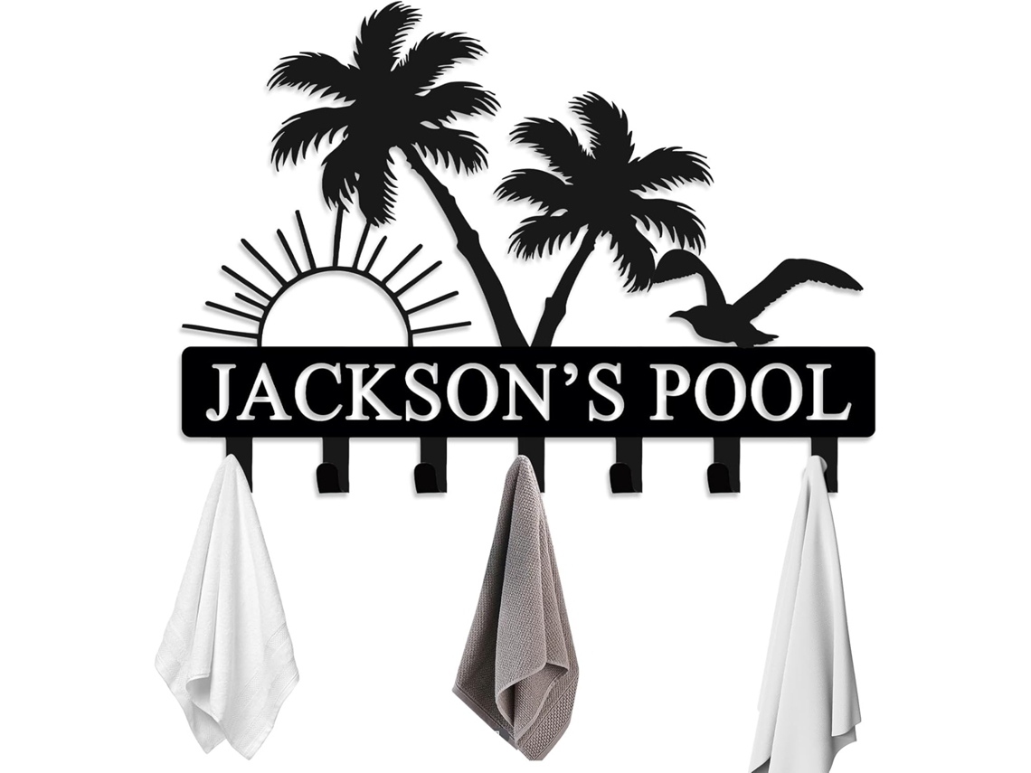 Suporte De Toalha Piscina Personalizado Com Nome, Para Uso Externo, Com Gancho Organizador Para Toalha De Piscina