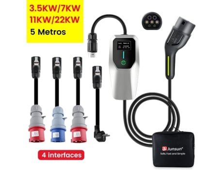 Carregador Portátil Para Carro Elétrico Junsun 3.5kw-22kw, Reserva Inteligente 1-10h