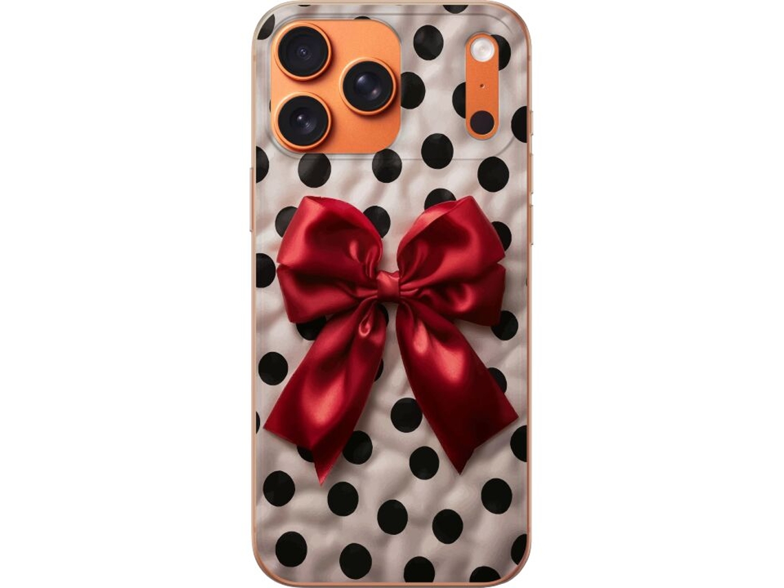 Capa Para Celular Compatível Com Apple Iphone 17 Pro Max. Estampa De Bolinhas Pretas E Brancas Com Um Grande Laço Vermelho No Centro, Design Divertido