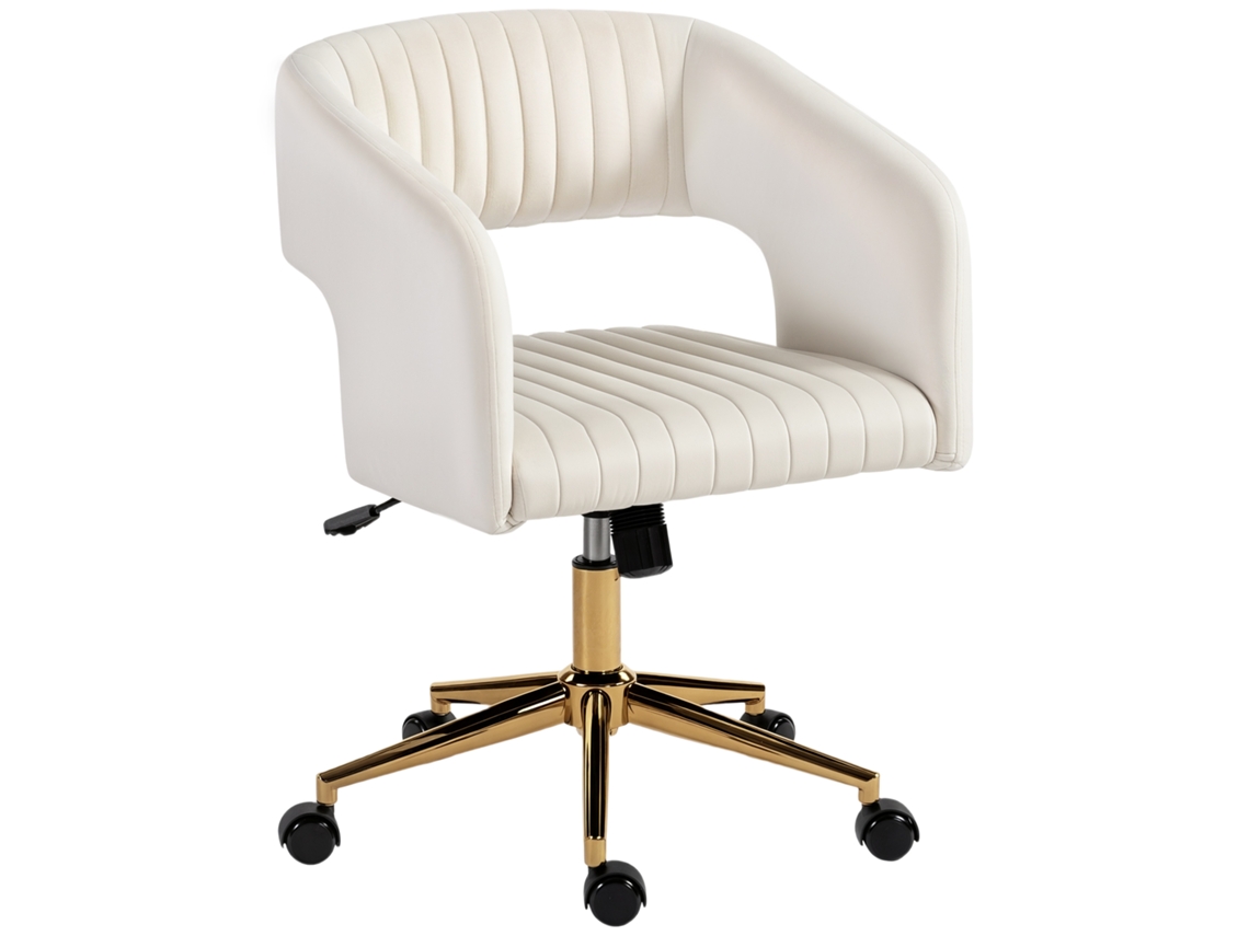 Cadeira De Escritório Com Rodízios, Estofada Em Veludo, Com Altura Ajustável E Função De Inclinação, Na Cor Branco Creme.