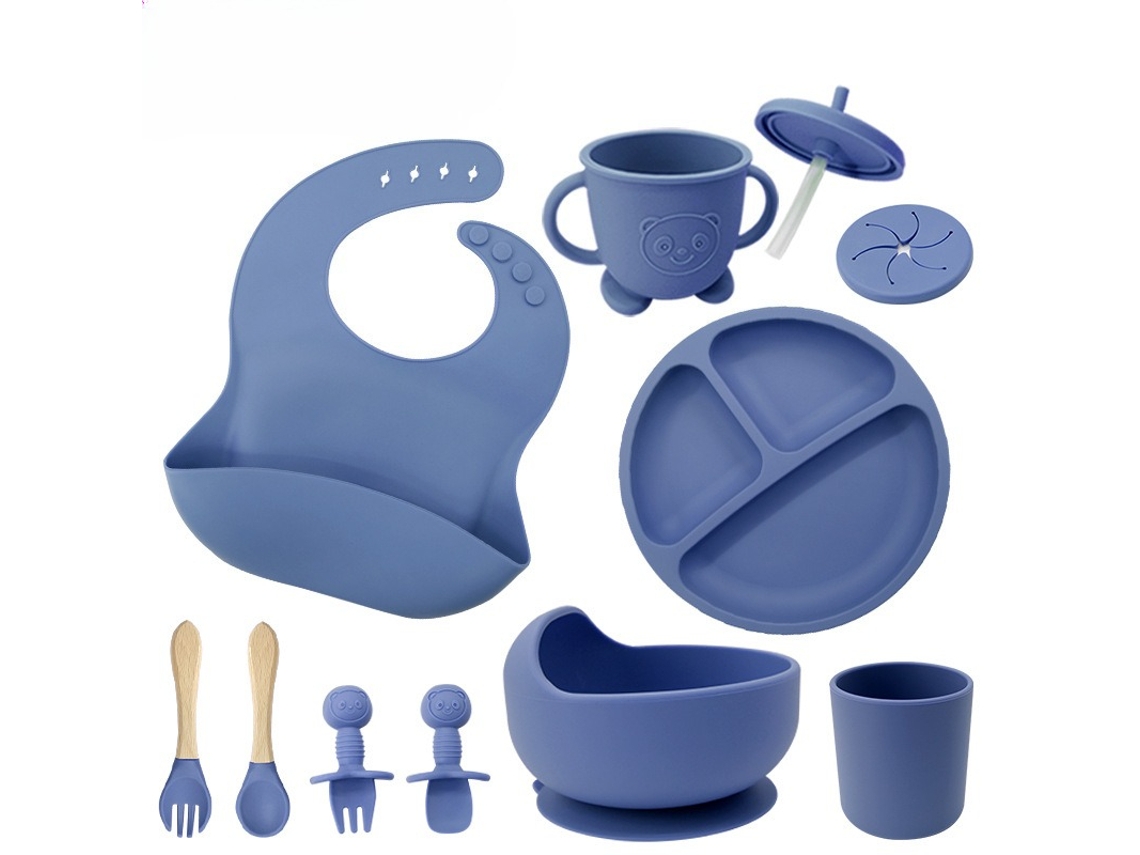 Conjunto de Utensílios de Silicone para Alimentação Infantil, com Ventosas na Base, 10 Peças Azul Escuro PANOONA