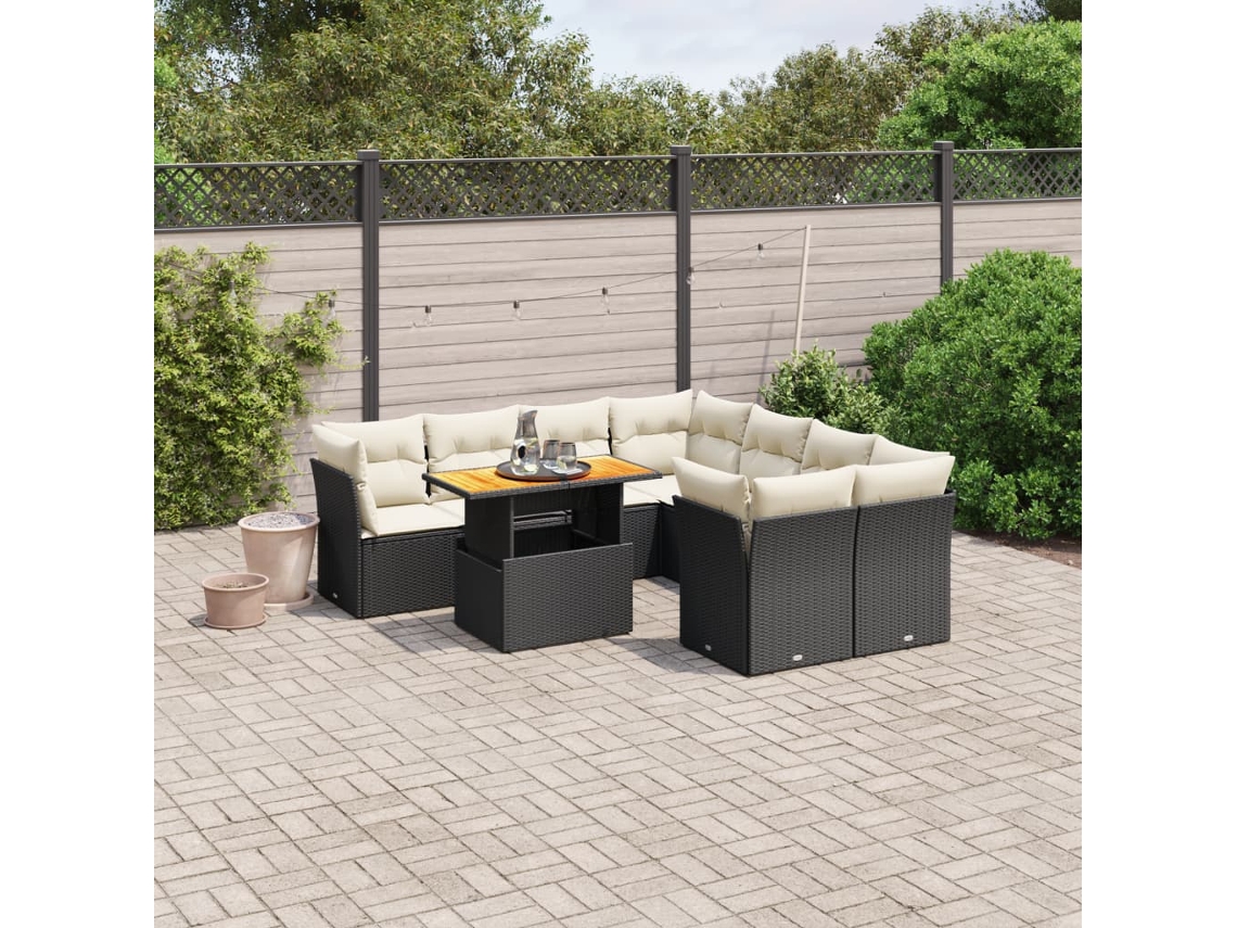 Jogo de Sofá 9 Peças P/ Jardim C/ Almofadões Vime Pe Preto Dkd Home Decor
