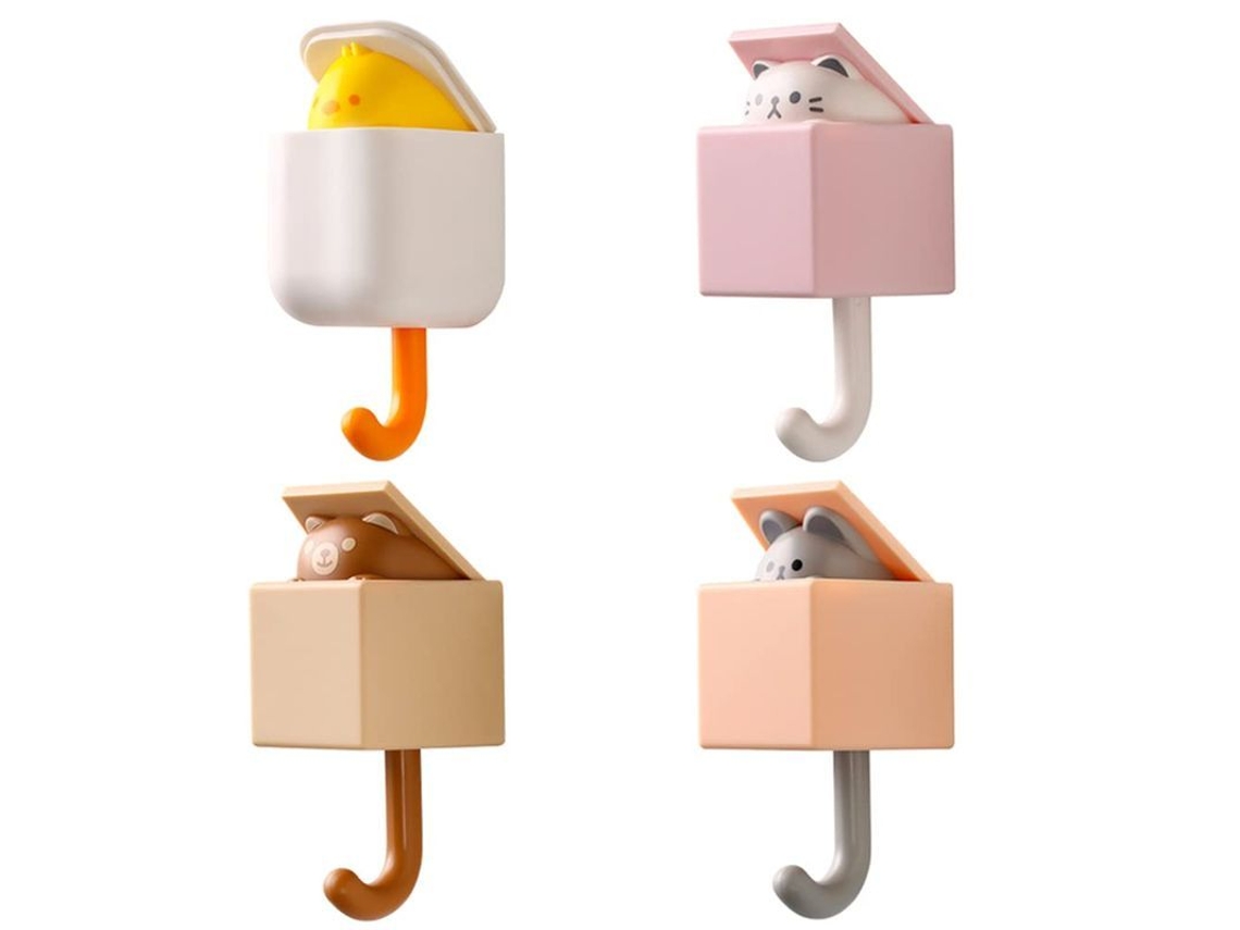 2026 4 Ganchos Adhesivos de Parede com Design de Mascotas Animadas para Abrigos, Bufandas, Chapéus, Toalhas e Bolsas