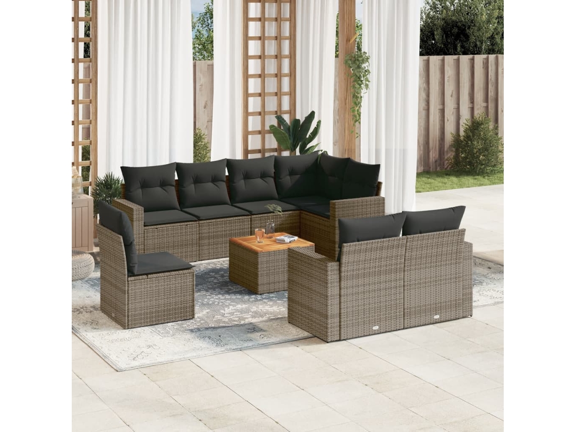Jogo 9 Peças Sofás P/ Jardin Com Almofadões Vime Pe Cinza Dkd Home Decor
