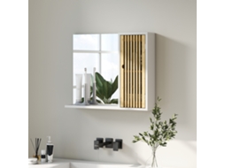 Espelho 60x50 Cm Casa De Banho Com Porta De Ripas De Bambu E Prateleiras Branco E Madeira