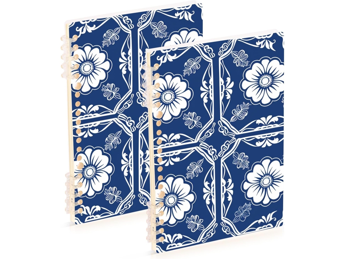 Conjunto de 2 Cadernos Espiral Resistentes em Estilo Porcelana Azul e Branca, Tamanho A5 21,1 (21,1 X 14,5 Cm)
