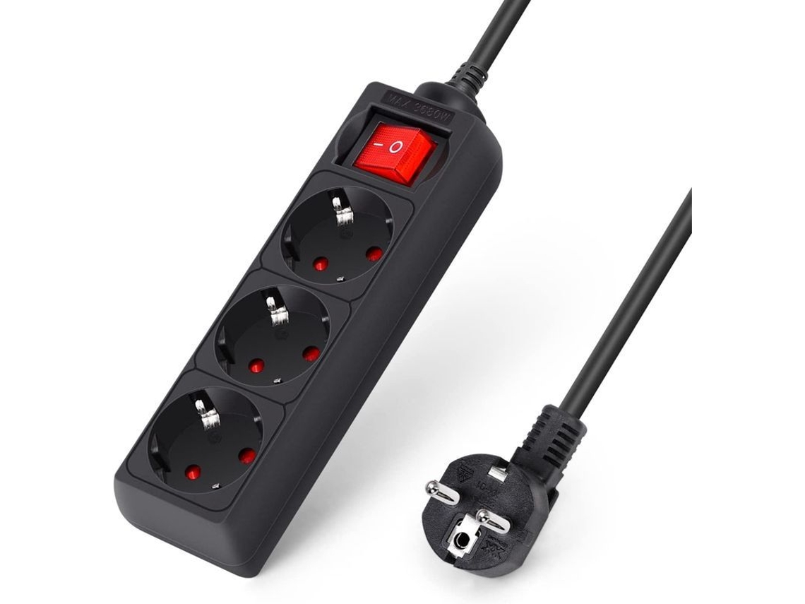 Power Strip 3 Tomadas com Proteção contra Surto, Interruptor, 3m, Preto | S/MARCA