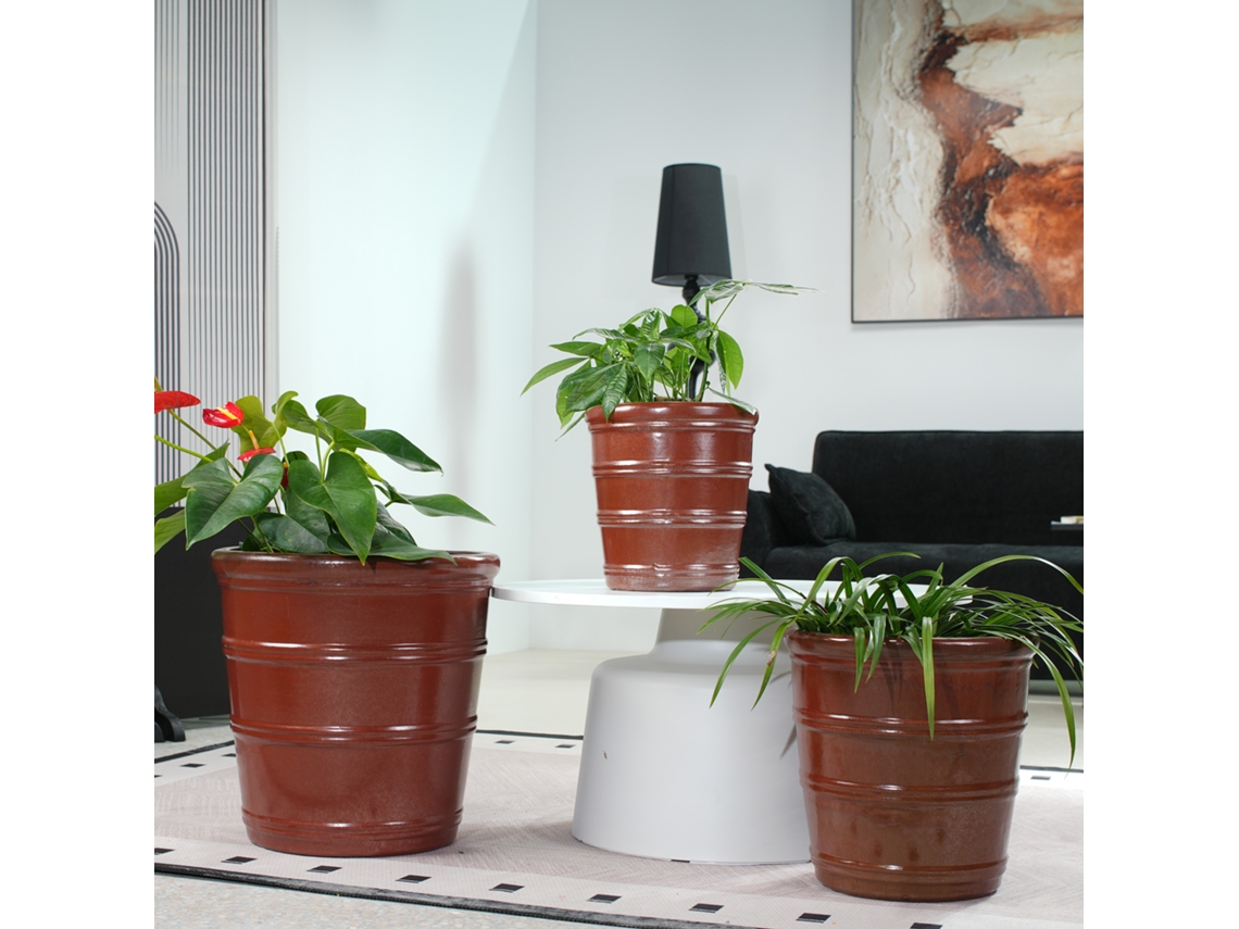 Conjunto De 3 Vasos Cerâmicos Ø40,5/32/24 Cm, Castanho‑avermelhado, Ranhuras Horizontais, Anti‑gelo, Drenagem, Jardim E Varanda