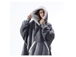 2026 chaqueta Oversized Blanket com Felpa de Cordero Suave e Quente com Capuz e Bolsa para Inverno Cinza