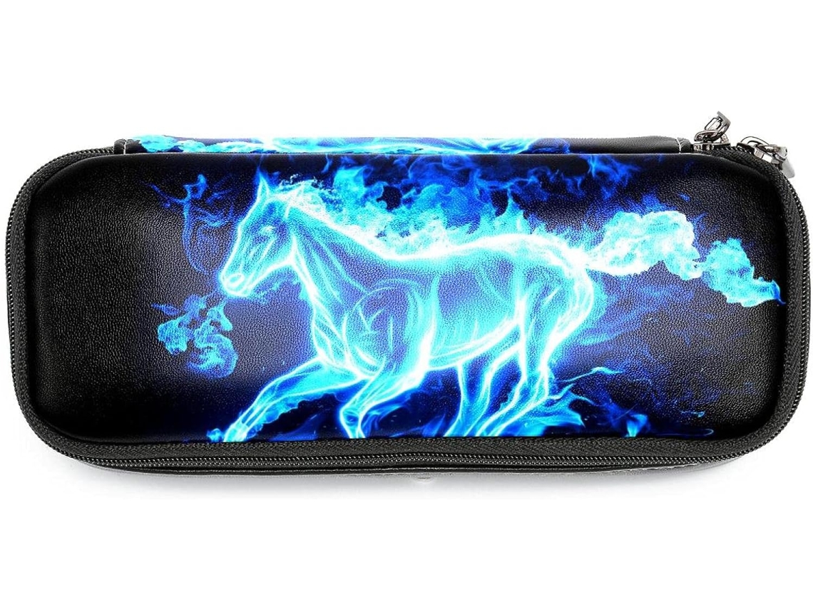 Estojo grande para lápis com estampa de cavalo em azul Chamas, organizador de maquiagem, mochila escolar, para mesa.