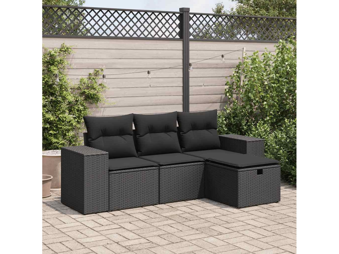 4 Pcs Conjunto De Sofás Para Jardimconjuntos Relax Jardimconjunto De Jantar C/ Almofadões Vime Pe Preto Cfw244367 Lovely Home