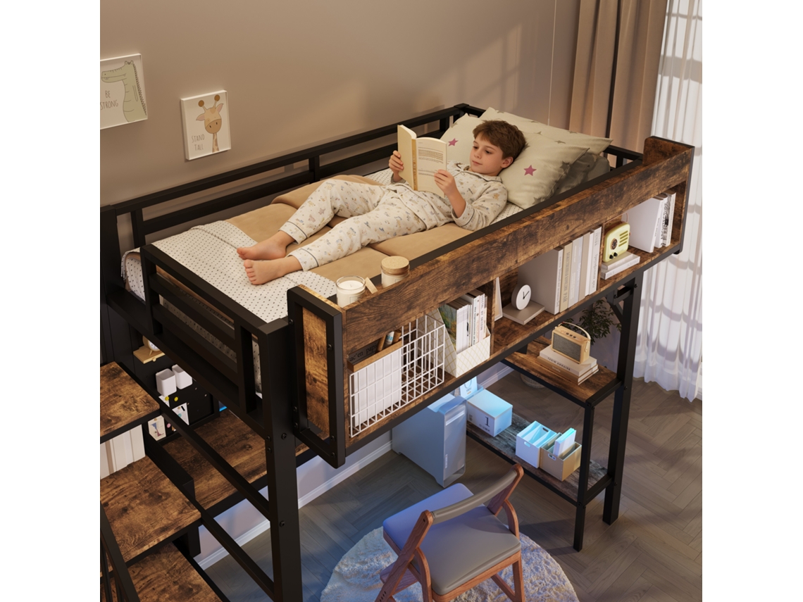 Cama Alta 140x200 Cm Secretária de Canto, Arrumação, Painel Perfurado, Tomada Usb c e Led, En747 Preto + Vintage NOVELA (sem Colchão)