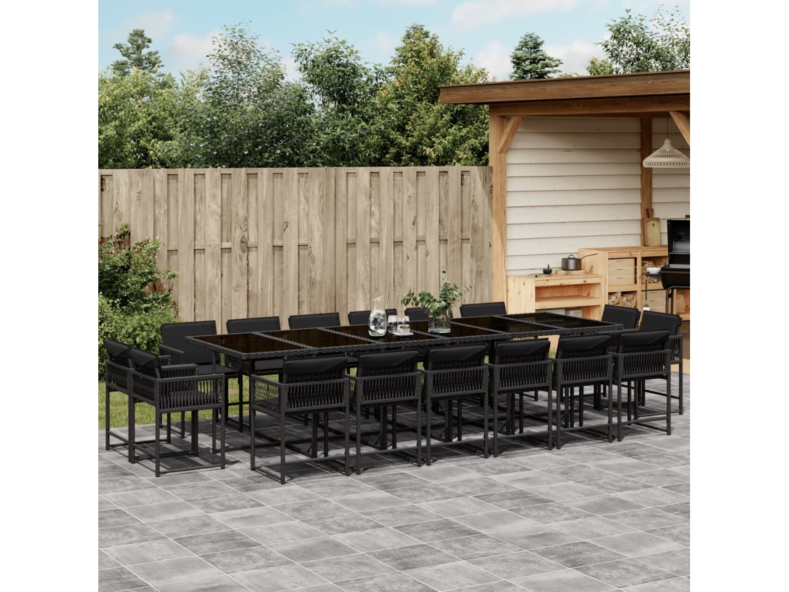 17 Pcs Conjunto De Jantar P/ Jardim C/ Almofadões Vime Pe Preto Dkd Home Decor
