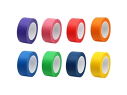 Conjunto de 8 rolos adesivos coloridos para artes e artesanato, com núcleos variados nas cores rosa, vermelho, laranja e verde claro.