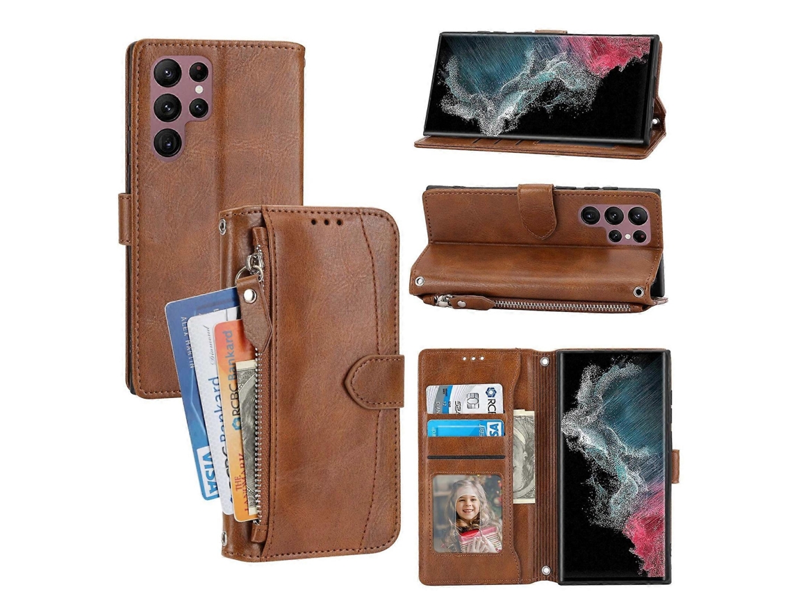 Capa Carteira De Couro Oleado Com Zíper Para Samsung Galaxy S23 Ultra 5g