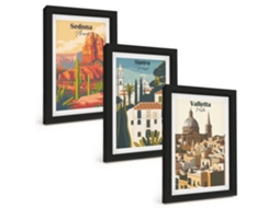 Composição De Quadros Na Paredevistas Retrô De Sedona, Sintra E Valletta Moldura Preta Quadros Para A Sala De Estar Espelharte (3 Peças 20x30 Cm)