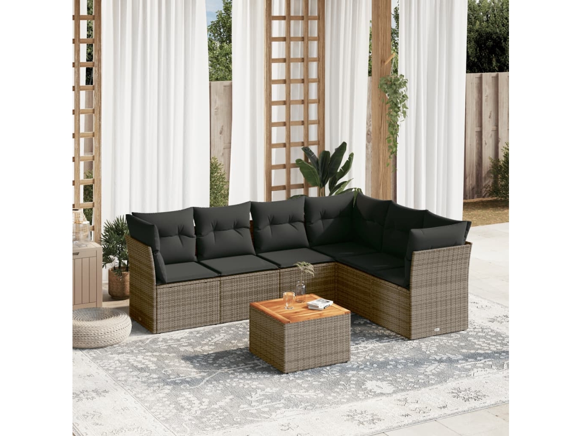 7 Pcs Conjunto Sofás P/ Jardim C/ Almofadões Vime Pe Cinza Dkd Home Decor