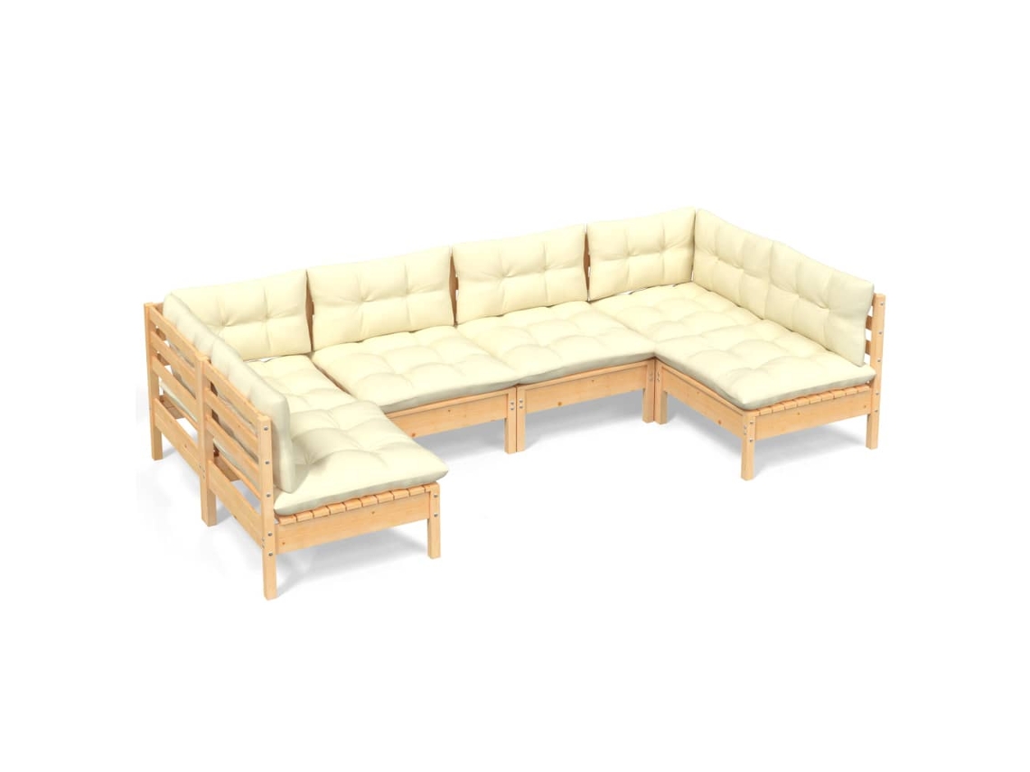 Conjunto de 6 Lounge Jardim com Almofadões Creme Pinho Maciço MAISON EXCLUSIVE