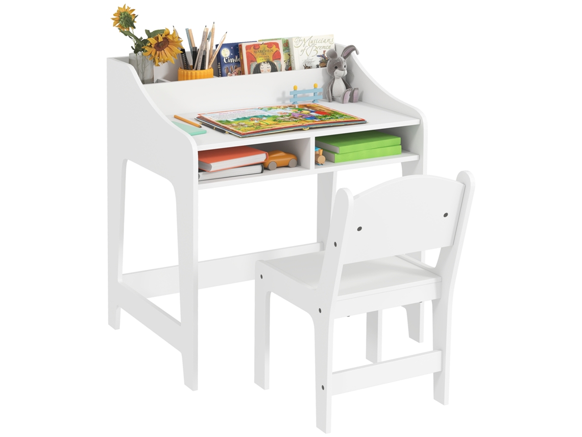 Conjunto de Escrivaninha e Cadeira para Crianças de 3 a 8 Anos com Compartimentos e Prateleiras Abertas. Branco Ge