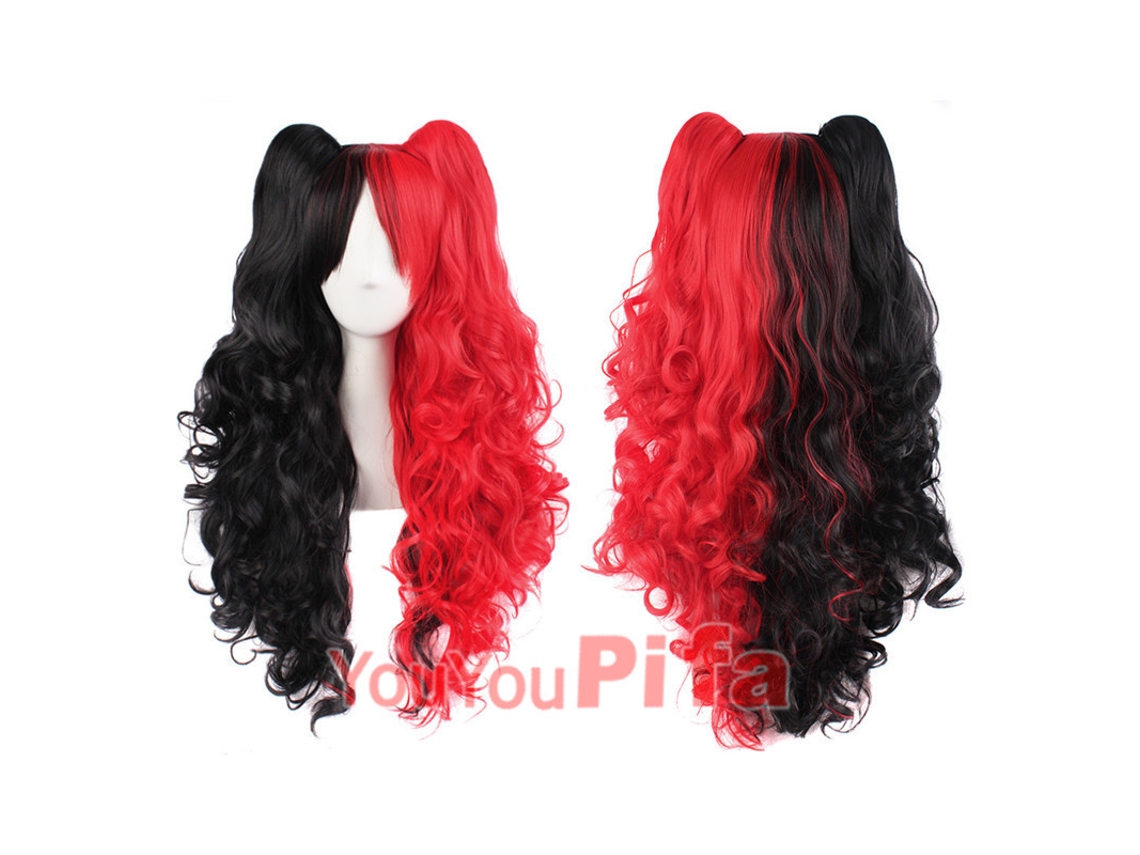 Peruca De Cosplay Preto E Vermelho Com Rabos De Cavalo Duplos, Ondulada, Ideal Para Festas, Eventos De Anime E Fantasia