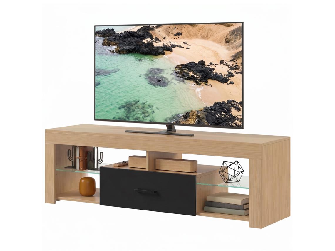 Móvel Baixo Para Tvs De Até 65 Polegadas, Armário De Tv Moderno Com Prateleiras De Vidro Ajustáveis, Em Carvalho.
