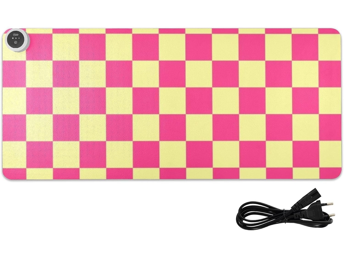 Mousepad Gamer Aquecido em Couro Xadrez Americano Rosa e Amarelo, 80 X 33 Cm, Antiderrapante para Mesa de Comp