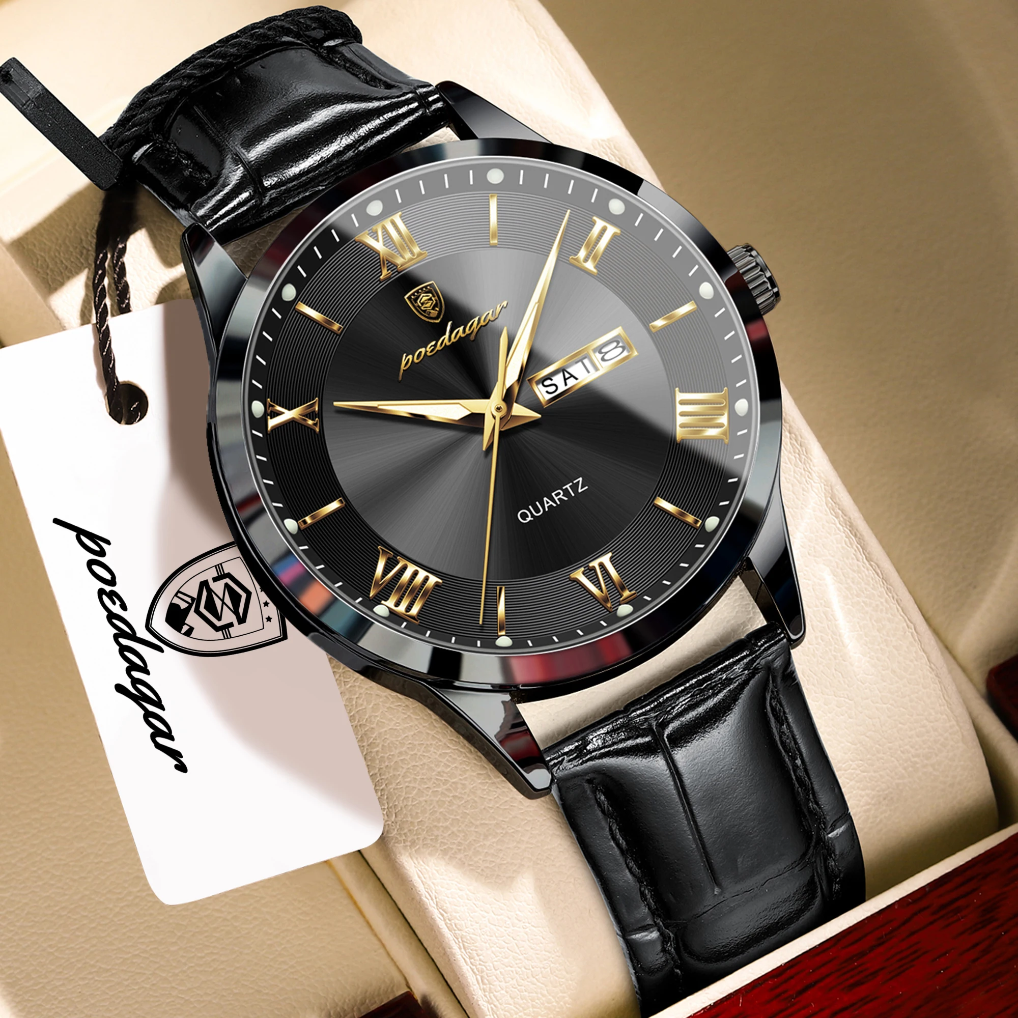 Relógio masculino de luxo (preto), pulseira de couro genuíno, à prova d'água e luminoso.