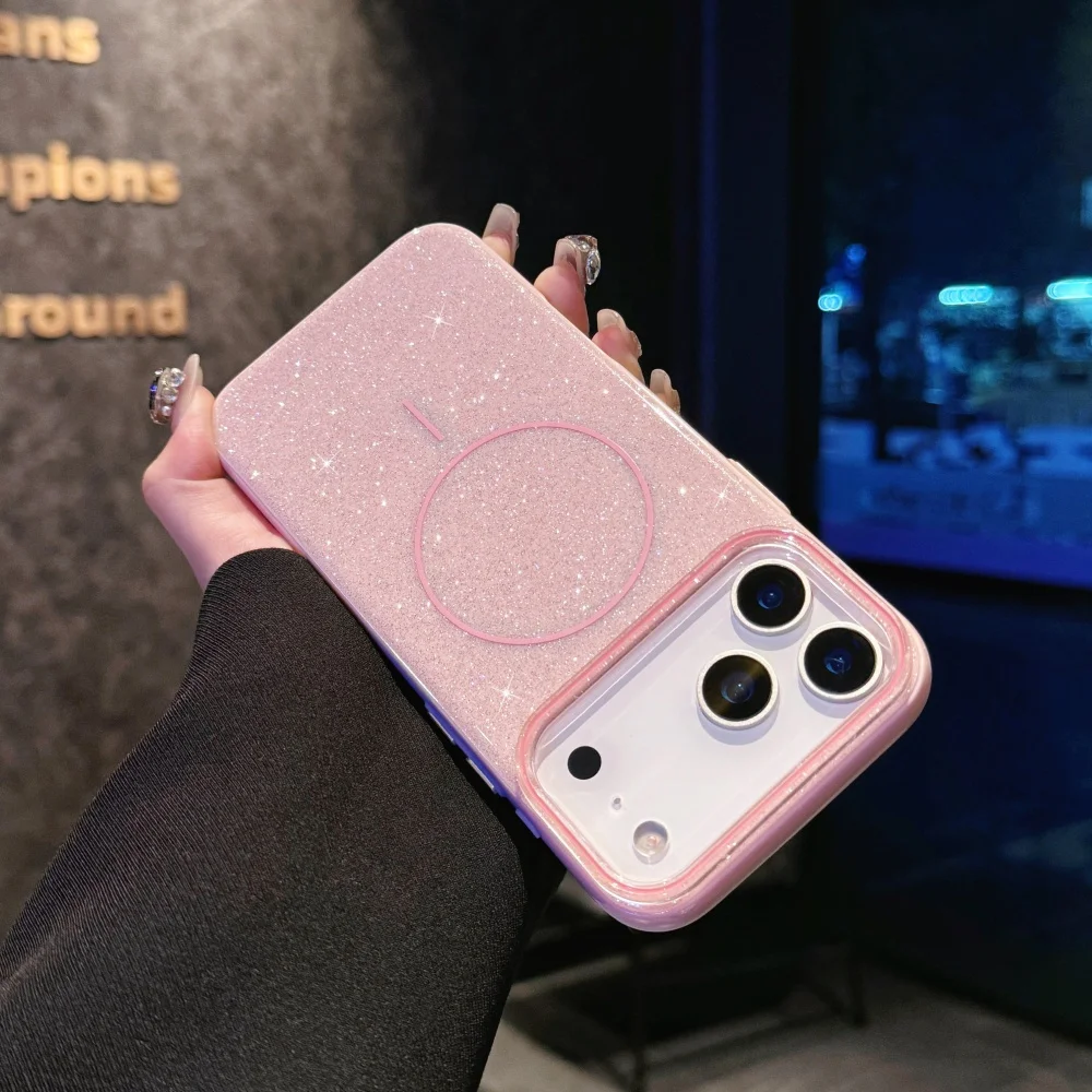 Capa De Celular Magsafe De Luxo Com Glitter (rosa, Compatível Com Iphone 16 Plus), Carregamento Magnético Sem Fio E Capa Rígida.