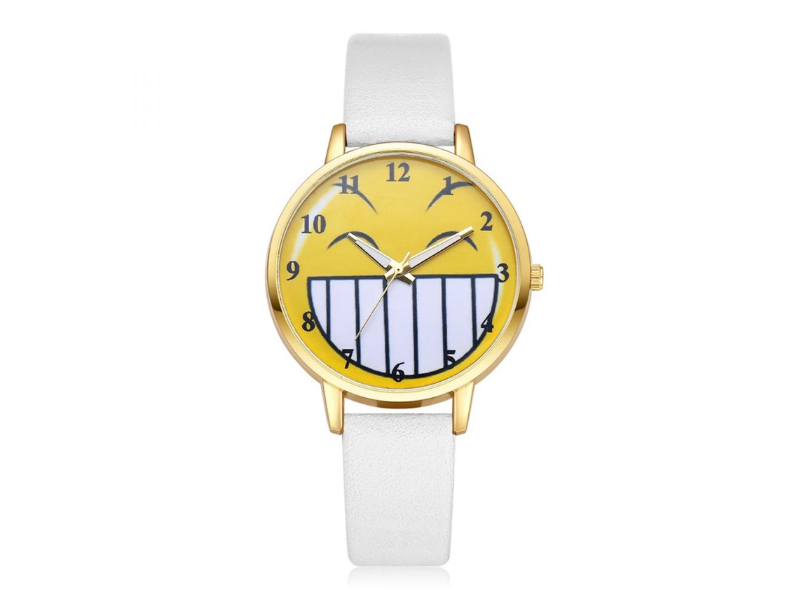 Relógio de quartzo com pulseira de PU, mostrador analógico com carinha sorridente e mostrador redondo branco.