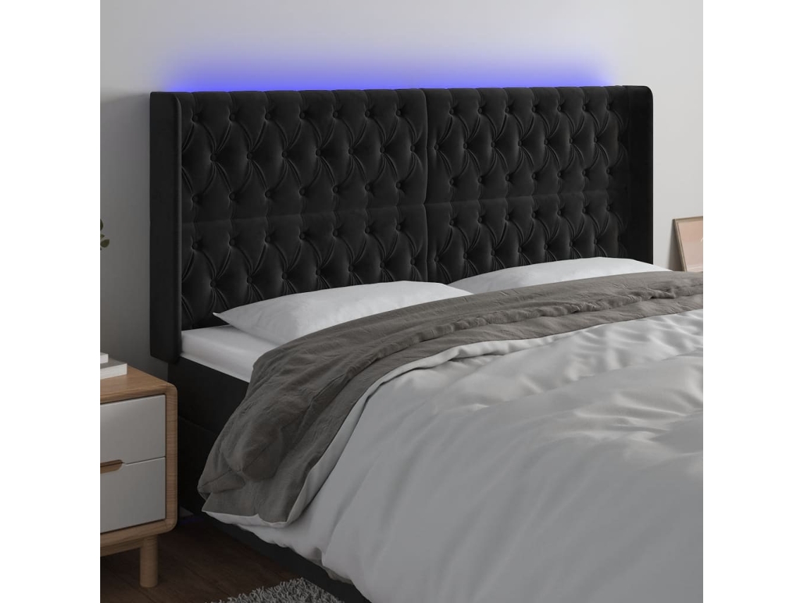Vidaxl Cabeceira De Cama C/ Luzes Led Veludo 203x16x118/128 Cm Preto