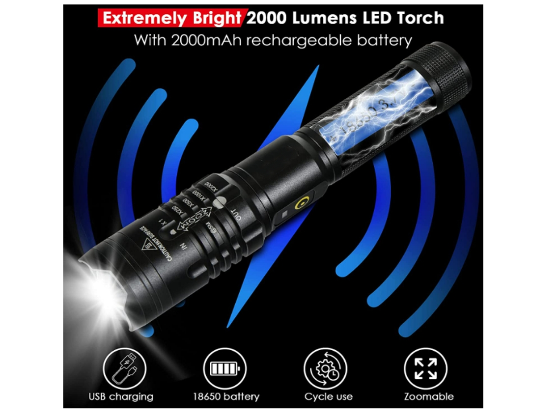 Lanterna de Led Recarregável,YIZHOOD Lantern-0111 Lanterna com Bateria de 2000Mah 18650 5 Modos de Iluminação Ipx4 À Prova D'Água Preto YIZHOOD