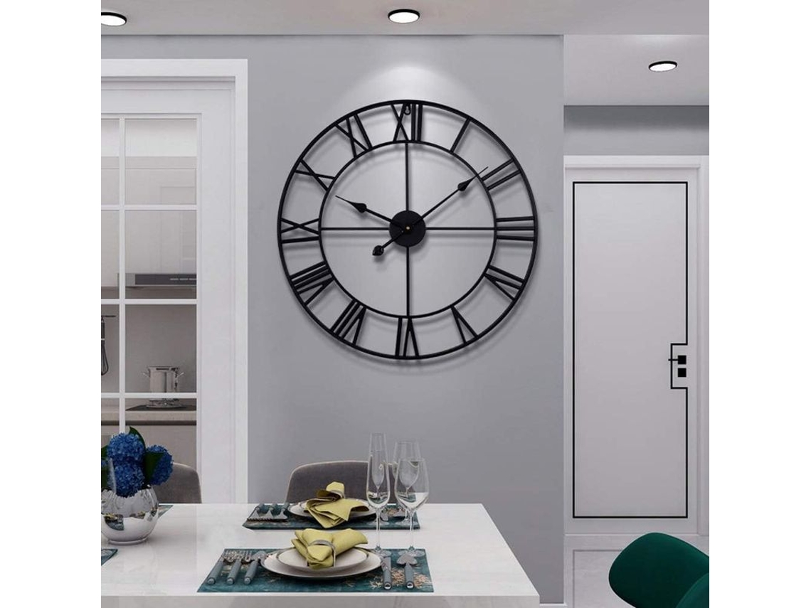 Relógio de parede redondo de metal, 40 cm, com numerais romanos, branco.