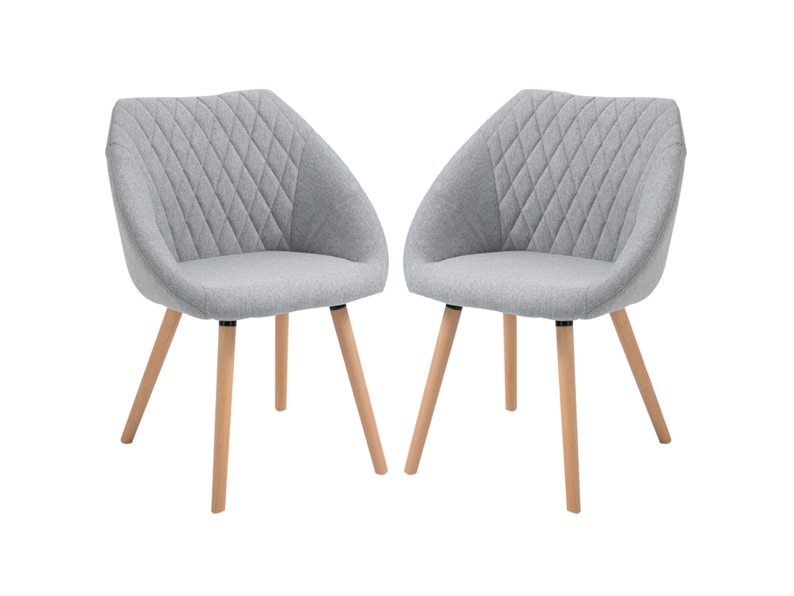 Conjunto de 2 Cadeiras de Jantar com Design Escandinavo, Pernas Afiladas em Madeira de Faia, Assento, Encosto e Braços em Linho Cinza TOPBRICO