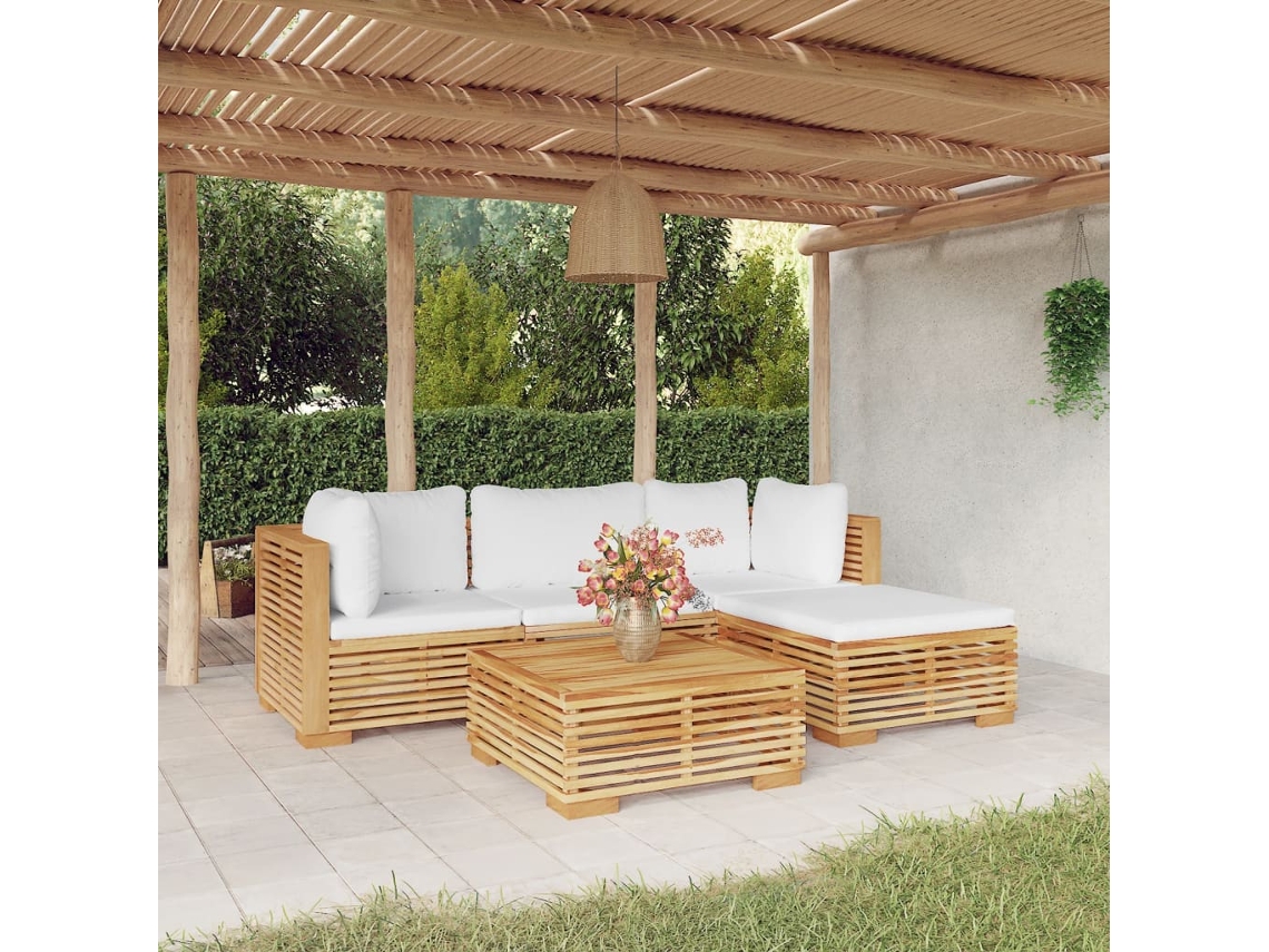 Vidaxl 5 Pcs Conjunto Lounge Jardim C/ Almofadões Madeira Teca Maciça