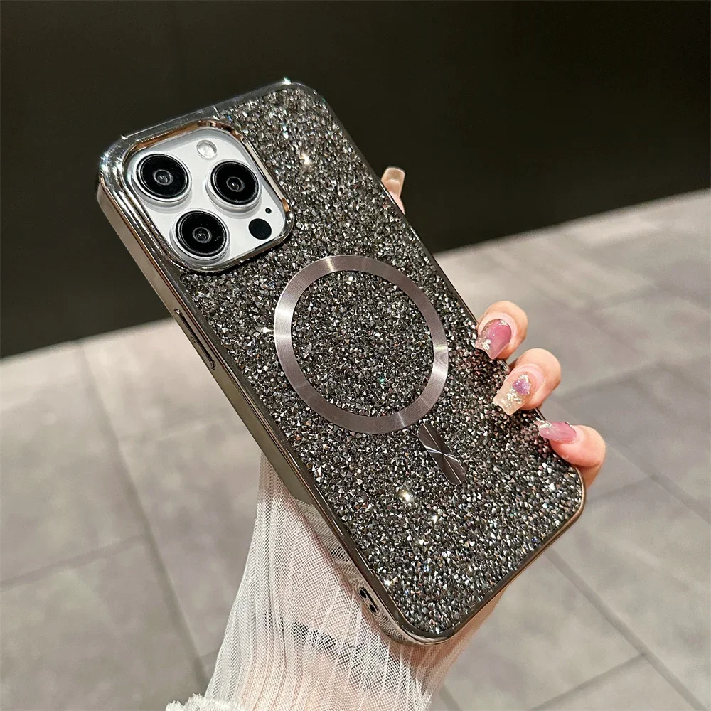(cinza Titânio, Iphone 16 Pro Max) Capa Magnética De Luxo Com Brilho De Diamante, Compatível Com Carregamento Sem Fio Magsafe