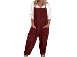 Macacão Feminino Casual Solto De Algodão E Linho Com Bolsos Para Verão E Primavera Vinho