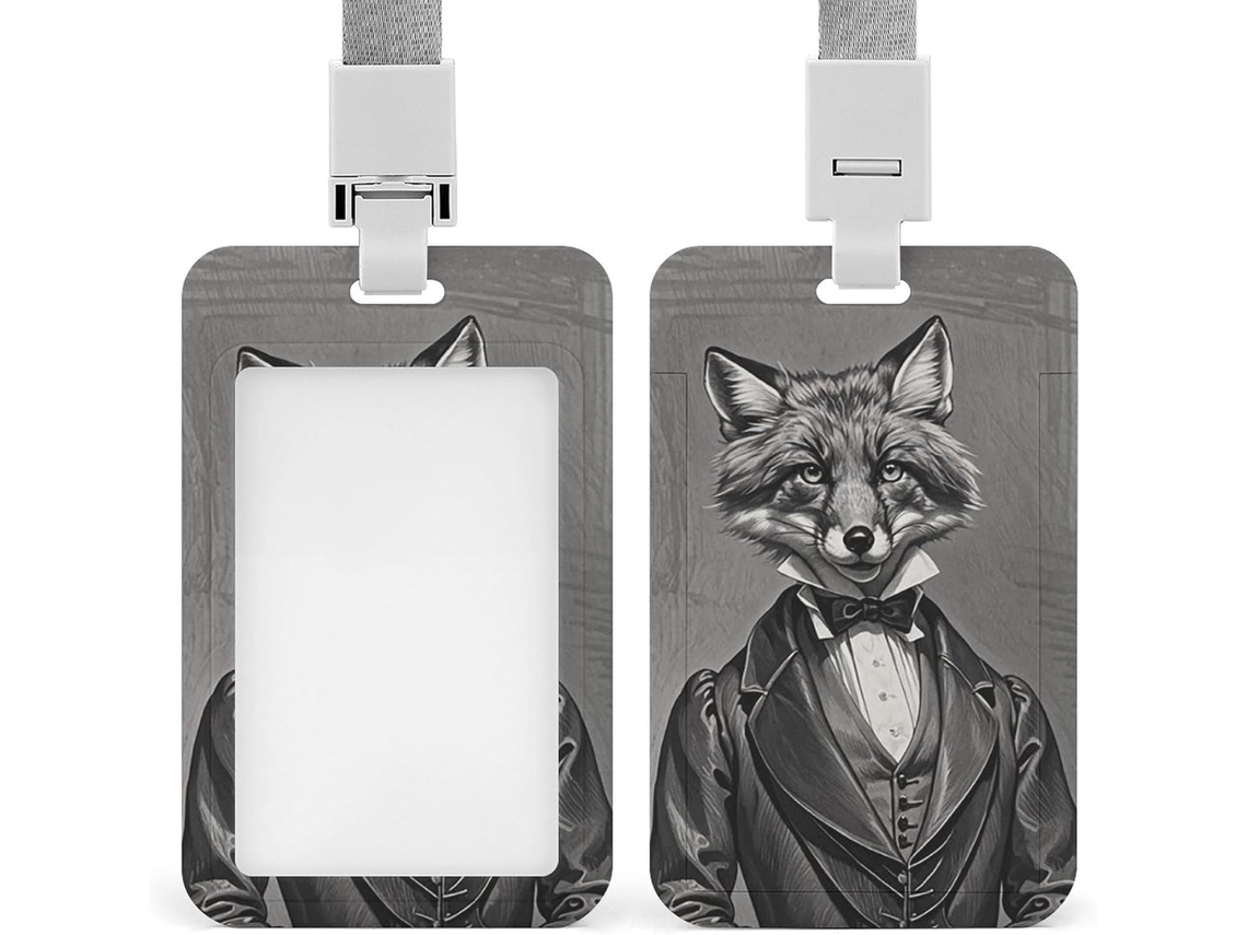 Porta-crachá com alfinete, estampa suave de raposa e cordão, ideal para mesas de trabalho, reuniões de negócios e residências.