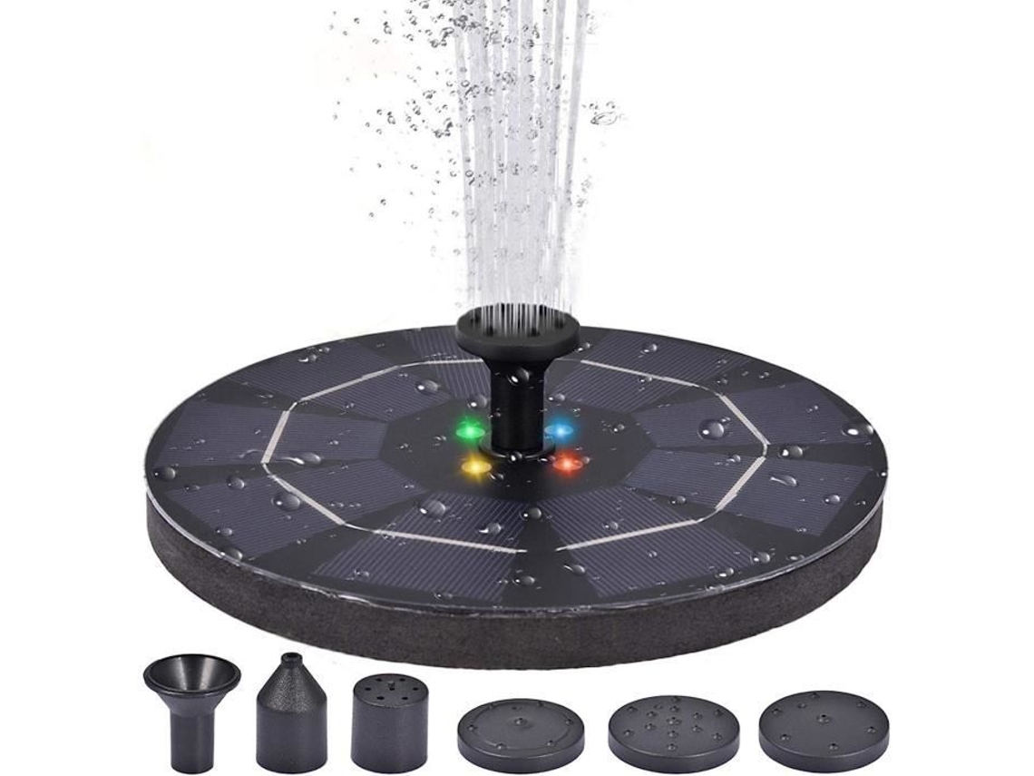 Fonte solar com luzes LED, bomba de fonte de água movida a energia solar 5V 3.5W com 6 bicos, fonte de pedestal flutuante H270