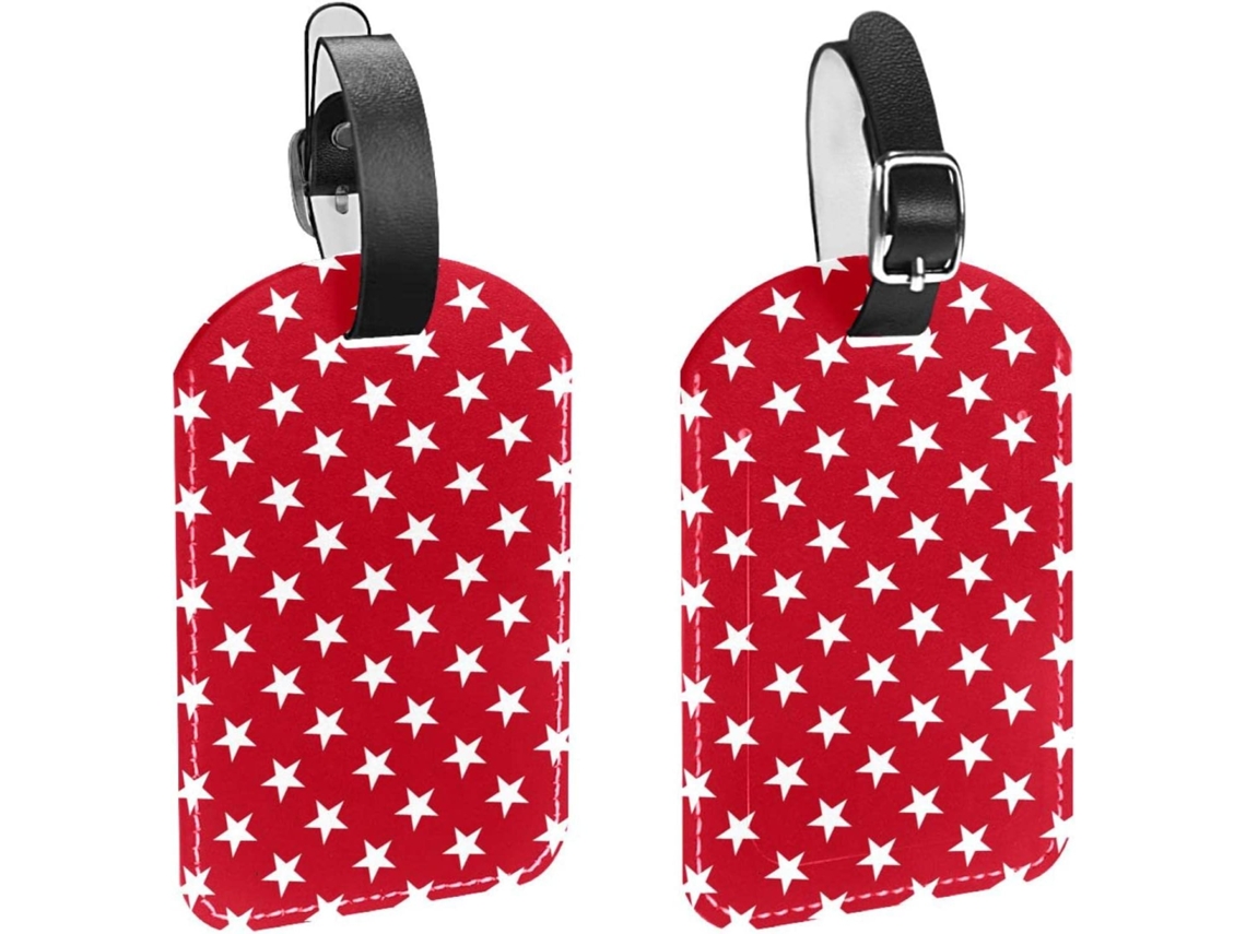Conjunto De 2 Etiquetas Bagagem Em Couro Sintético Com Um Pequeno Padrão Estrelas Brancas Sobre Fundo Vermelho