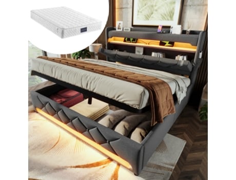 Cama De Casal Estofada 160200, Cabeceira Com Arrumação E Porta Usb E Tipo C, Função Led Surround 360º Na Cabeceira E Peseira, Camas Com Espaço De A