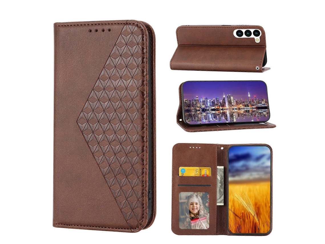 Capa De Celular Em Couro Sintético Com Textura De Grade Cúbica E Revestimento Magnético Para Samsung Galaxy S23+ 5g