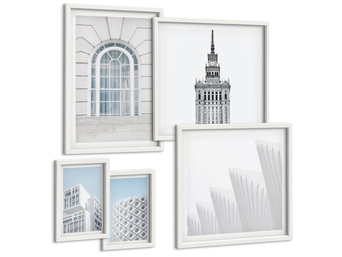 Pinturas Murais Modernas Folhas Verdes Na Janela, Plantas Moldura Branca Pinturas De Quarto Espelharte (conjunto De 5 Imagens)