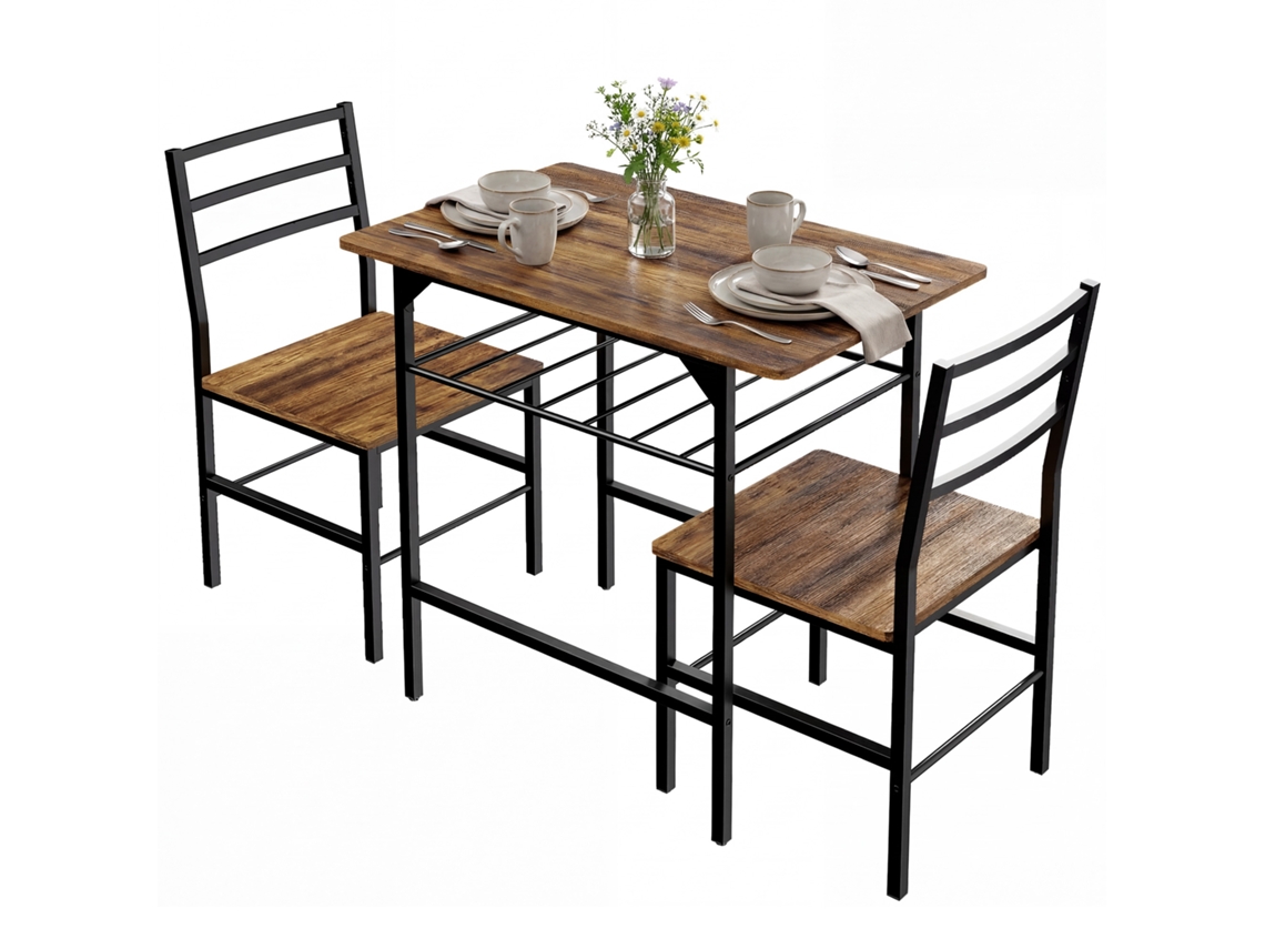 Conjunto De Mesa De Jantar Com 2 Cadeiras, Mesa De Cozinha Com Cadeiras Para 2 Pessoas, Estrutura De Metal, Marrom